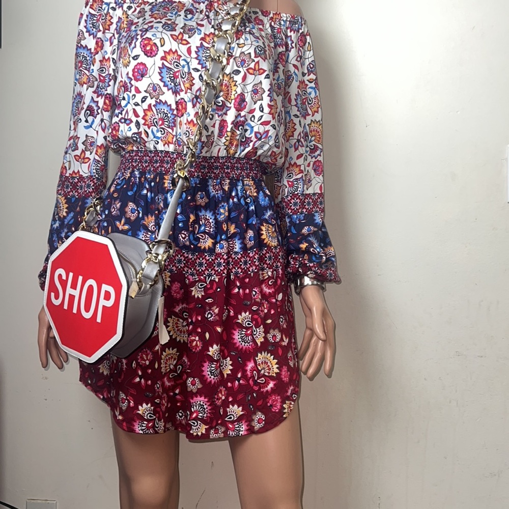 Floral Multi Colored Over the Shoulder Dress New Sz M